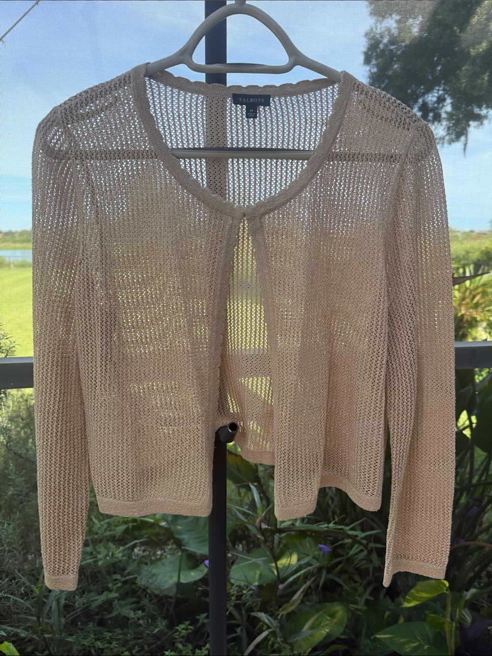 Talbots gold metallic Beige Open-Weave Single-Button Cardigan